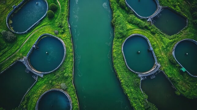 Aerial view of circular aquaculture ponds - Powered by Adobe