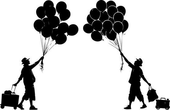 Joyful Journey: Silhouettes with Balloons and Luggage for Travel and Celebration