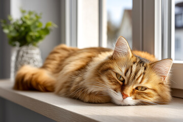 Fluffy cat rests on sunny windowsill, looking calmly at camera. Bright indoor setting with soft light illuminating fur and green potted plant adding tranquility