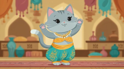 A cute cat wearing an exotic belly dancer outfit in a fun and festive oriental theme. Her outfit includes bright colors, patterned shalwar, and a body corset that hugs her body.  