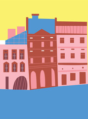 Urban landscape drawing vector. Simple and cozy street, cafe, people, house. Abstract architecture four banner. Cartoon vector buildings illustration.Trendy homes with windows, roof and people.	
