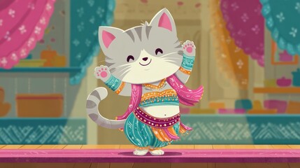 A cute cat wearing an exotic belly dancer outfit in a fun and festive oriental theme. Her outfit includes bright colors, patterned shalwar, and a body corset that hugs her body. 