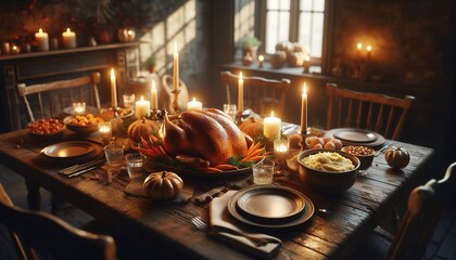 Rustic Holiday Feast with Roasted Turkey and Candlelight 8K Resolution