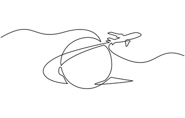 Obraz premium World map with flying airplane one line art. Continuous Earth globe line drawing. Vector illustration, Flight route path on world map in simple linear style.