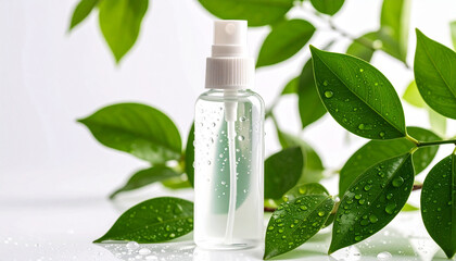 Refreshing Essence: A close-up shot of a transparent spray bottle filled with a clear liquid, adorned with water droplets, nestles amidst vibrant green leaves.