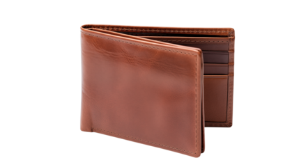 Stylish brown leather wallet is displayed isolated on transparent background for a modern product presentation.