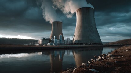 Industrial emission from cooling towers nuclear power plant landscape photograph cloudy sky reflective water