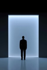 Obraz premium Silhouetted businessman faces glowing blue screen in dark, minimalist room. Symbolizes future, technology, opportunity, and new beginnings. Business concept.