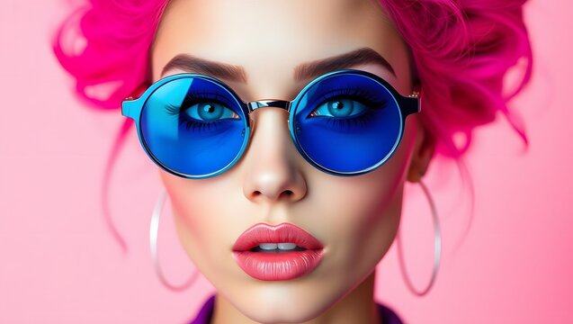 Close up of a woman with pink hair and blue sunglasses against a pink background looking at the viewer