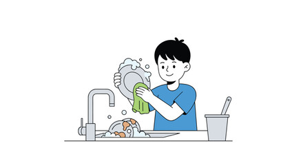 Young boy happily washing dishes in a kitchen sink using a sponge and soap