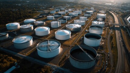 Industrial oil storage tanks aerial view urban environment infrastructure photography modern landscape