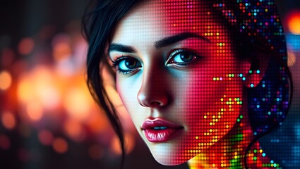 Portrait of a woman with digital overlay and blurred background in a close up view of her face
