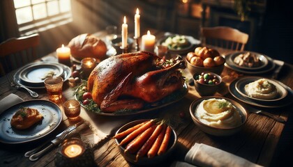 Rustic Holiday Feast with Roasted Turkey and Candlelight 8K Resolution