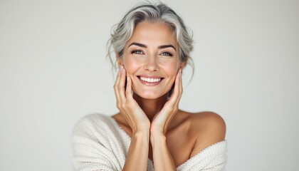 Fototapeta premium Elderly woman smiling while touching her face with hands 