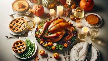 Elegant Thanksgiving Dinner Table with Roasted Turkey and Festive Decor 8K Resolution