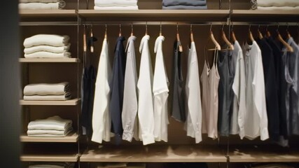 Neatly organized closet with various neutral-toned shirts, blouses, and tops hanging on wooden hangers on a shelf. Folded clothes are visible on the shelves above