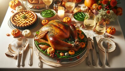 Elegant Thanksgiving Dinner Table with Roasted Turkey and Festive Decor 8K Resolution