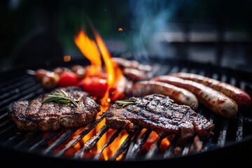 Grilled meat fire, Sausages barbecue, Outdoor cooking concept