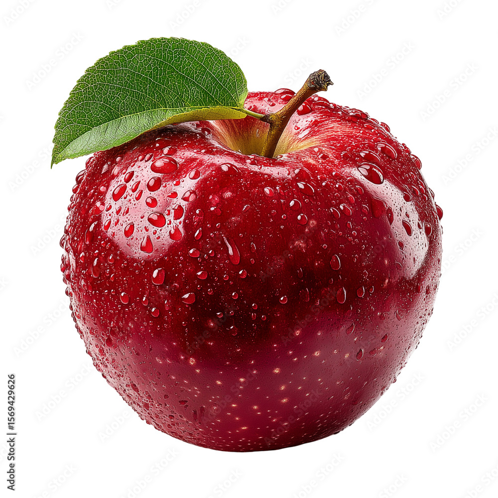 Poster fresh red apple with water droplets and green leaf on a plain backdrop isolated on transparent backg