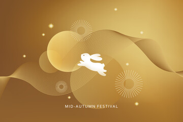 Chinese Mid Autumn festival vector design card, banner, cover. Lunar new year concept. Geometric abstract forms, golden gradients, hair. Chinese text Happy Mid Autumn.