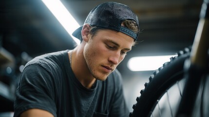Young caucasian male mechanic working on bicycle in workshop.
