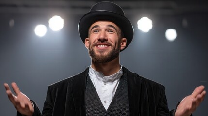 Young caucasian male performer in top hat under stage lights.