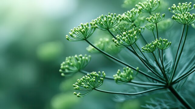 Close-up of fresh dill plant with green foliage in soft focus background.