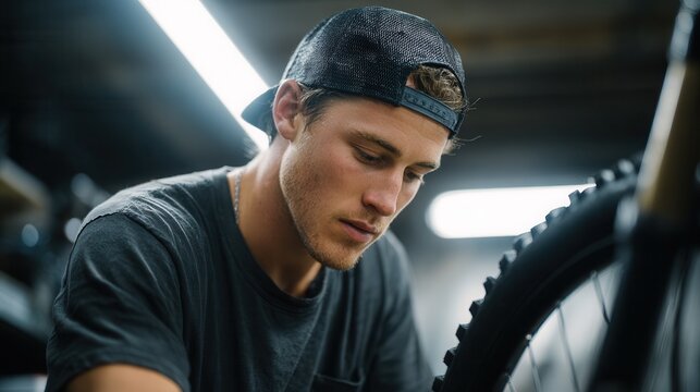 Young caucasian male mechanic working on bicycle in workshop.