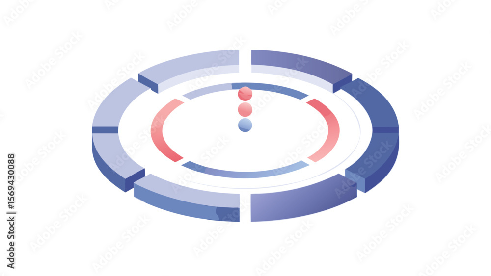 Poster isometric view of a segmented circular diagram with three spheres in the center on white background