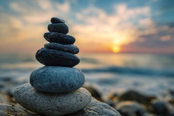 Fototapeta premium stack of stones on the beach at sunset. a stack of rocks on a beach with a sunset in the background. a black and white photo of a rock on the beach