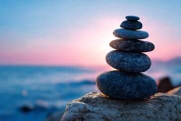 Fototapeta premium stack of stones on the beach at sunset. a stack of rocks sitting on top of a rock. a black and white photo of some rocks
