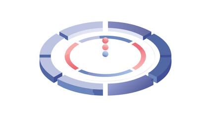 Isometric view of a segmented circular diagram with three spheres in the center on white background