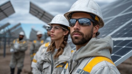 Solar energy workers installing renewable technology solar farm image outdoor environment close-up view sustainability concept