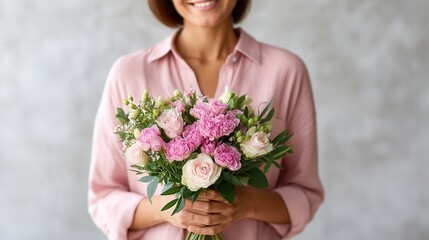 Smiling asian female holding pink rose bouquet in pink shirt.
