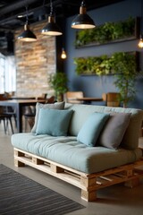 Cozy industrial lounge with wooden pallet sofa and indoor plants for modern workspaces.