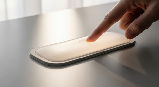 Finger touching modern touchpad on smooth surface with bright light