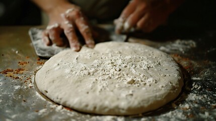 Fototapeta premium Baker shaping fresh dough with flour, baking
