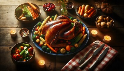 Traditional Thanksgiving Feast with Roasted Turkey and Autumn Harvest Sides 8K Resolution