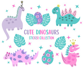 Sticker illustration of cute dinrosaurs on white background. © Valentyna