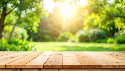 Wooden Table with Lush Green Background: A rustic wooden table offers a perfect platform to display products, set against a backdrop of a vibrant, sun-drenched garden.