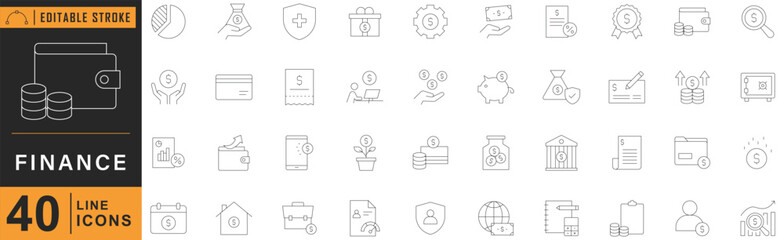 Finance line icon set. Contains money, business, payment, auction, and more. Editable stroke, vector illustration.