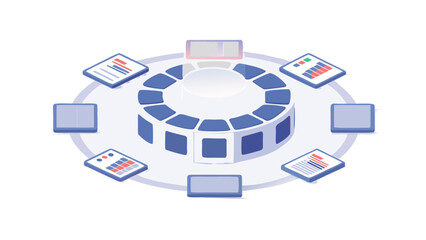 Isometric illustration of a circular platform with screens and documents around it shown in blue