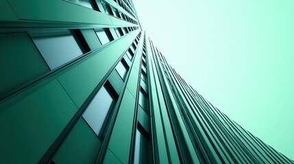 Abstract low-angle view of modern green skyscraper with reflective windows.