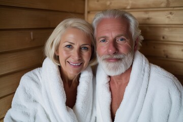 Smiling senior couple sauna, Elderly wellness spa, Healthy lifestyle concept