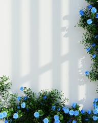 Lush white roses and greenery intertwined against a white minimalist wall.