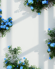 Delicate white roses and green foliage creating soft shadows on a white wall.