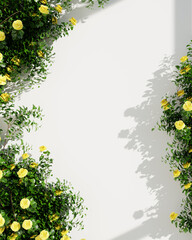 Bright blue flowers and green foliage scattered on a white, illuminated wall.