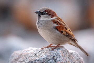 Naklejka premium Brown sparrow perched atop a mottled gray rock detailed feathers visible against a blurred background