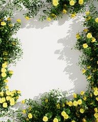 Soft blue roses and lush green leaves gracefully spread on a white background.
