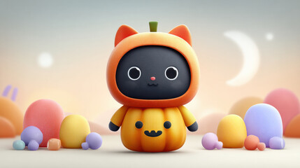 Halloween costume. Halloween black cat. Cute black cat character in pumpkin costume surrounded by colorful, round shapes and crescent moon